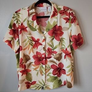 Alfred Dunner Floral Hibiscus Button Down Top Summer Vacation Tropical Shirt